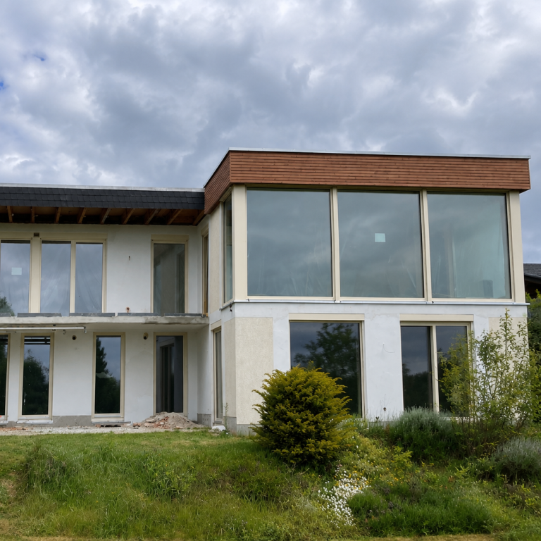 Modernes Haus mit klaren Linien, Garten und klaren Gehwegen.